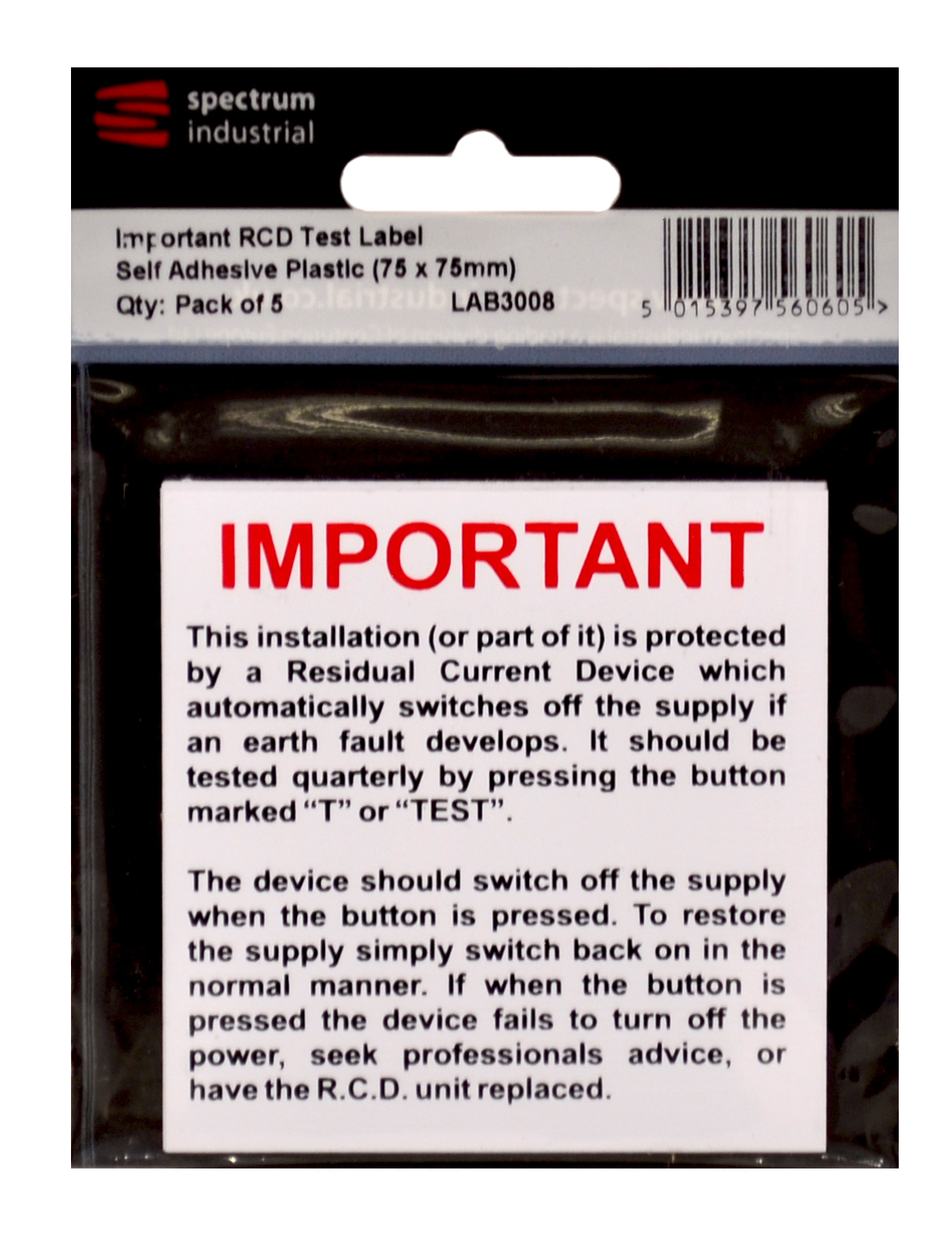 Important rcd test label - pack of 5 pvc