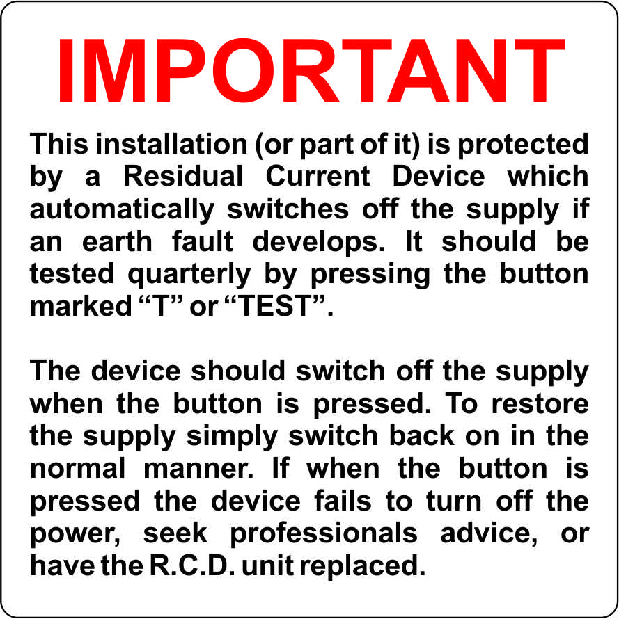 Important rcd test label - pack of 5 sav